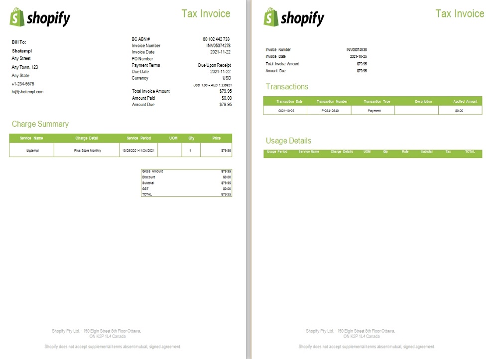 Canada Shopify tax invoice PSD template
